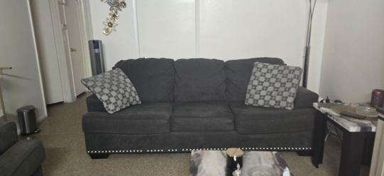 Dark Gray Fabric Sofa with Nailhead Trim