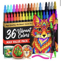 36 Acrylic Paint Markers for Rock, Fabric, Wood, Glass, Eggs - Dual-Tip Paint Pens for Coloring Books for Adults, Teens, Kids - Art & Craft Supplies -