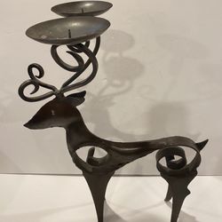 Large 19” Forged Metal Stag Deer 2 Pillar Candle Holder Reindeer
