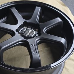 F1R FC7 matte black  18×8.5 (3" lip) high-performance wheels. 5×114.3 offset +38.