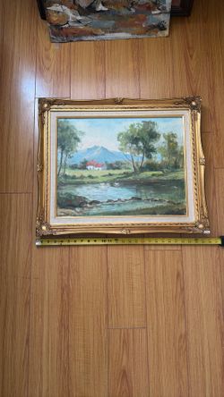 Original oil painting, likely a mid-century decorative landscape.