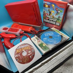 Nintendo Wii Red Console W/Games And Red Controllers 