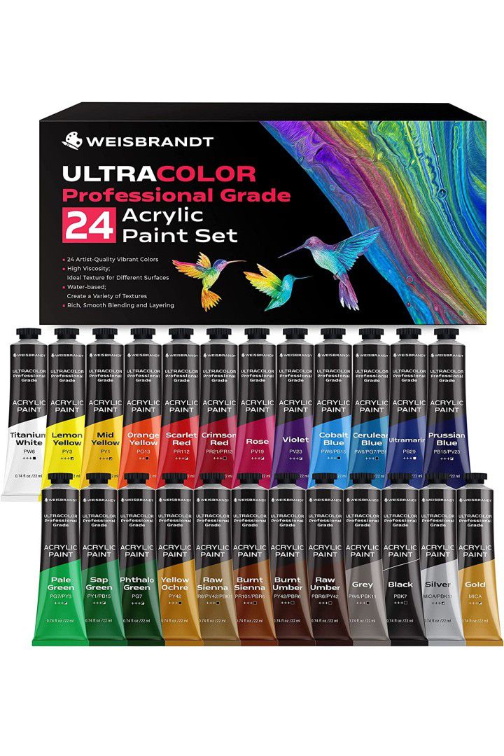 UltraColor Artist Quality Acrylic Paint Set, 24 Vibrant Colors, 0.74 oz/22ml Tubes, for Canvas, Wood, Ceramic, Fabric, Non Toxic-Fading NEW SEALED.

C