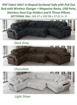 Fabric HALF U-Shaped Sectional Sofa with Pull Out Bed with Wireless Charger