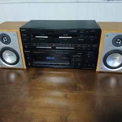 Sony Receiver & Sanyo Cassette Deck Player With Speakers
