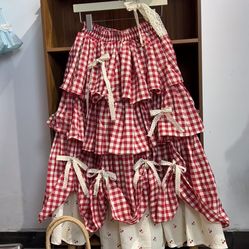 Red Checkered Skirt with Lace Accents