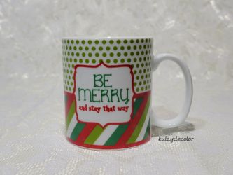 Clay Art “Be Merry and Stay That Way” Christmas Mug Green Polka Dot Candy Cane