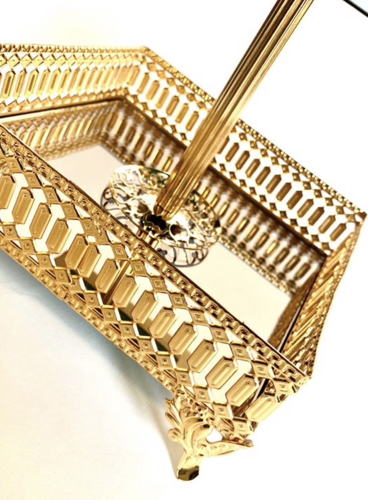 Decorative Two Tier Mirrored Gold Jewelry Perfume Makeup Vanity Stand