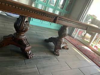Solid dining table with eight chairs see photos good condition