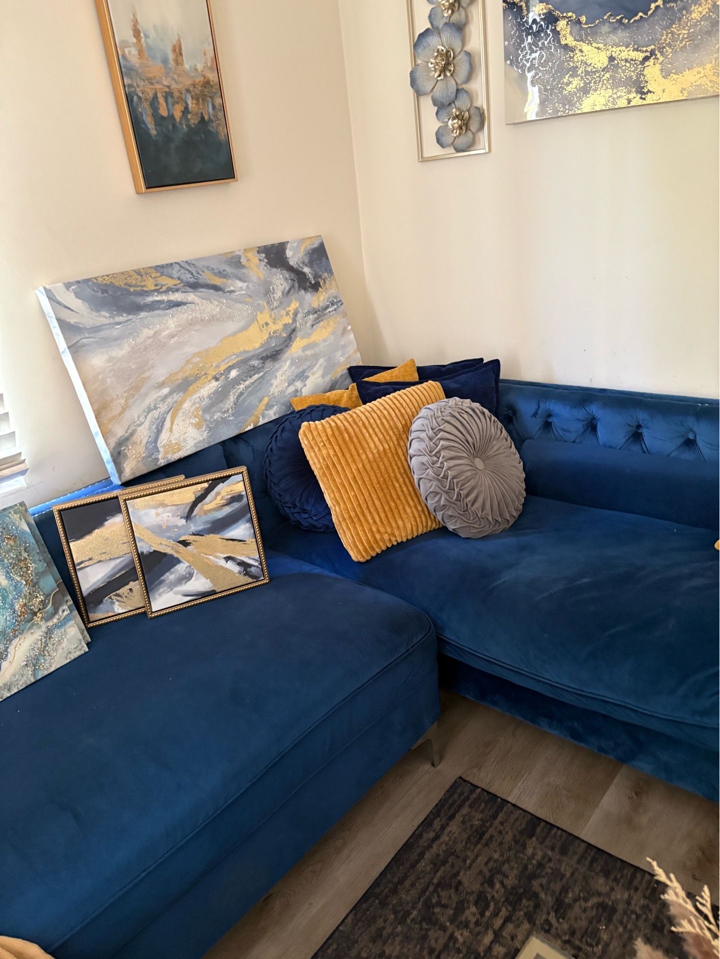 L shape Blue sofa, including pictures