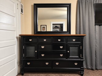 Black Dresser with Cherry Top and Large Mirror - 8 Drawers, 2 Glass Cabinets