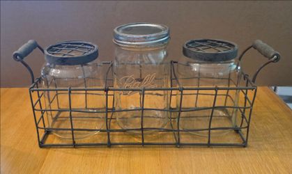 Home / Outdoor / Porch / Patio Decor - Metal Carrier with Glass Jars and Two Metal Flower Frogs