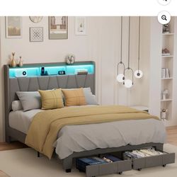 New in box King Size Bed Frame, Velvet Upholstered LED Platform Bed with Headboard Storage, King Bed Frame Built-in Charging Station with 2 Drawers, W