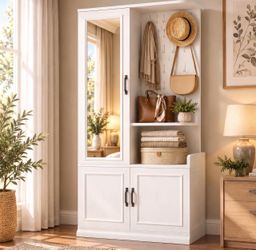 White Hall Tree with Mirror and Cabinet
