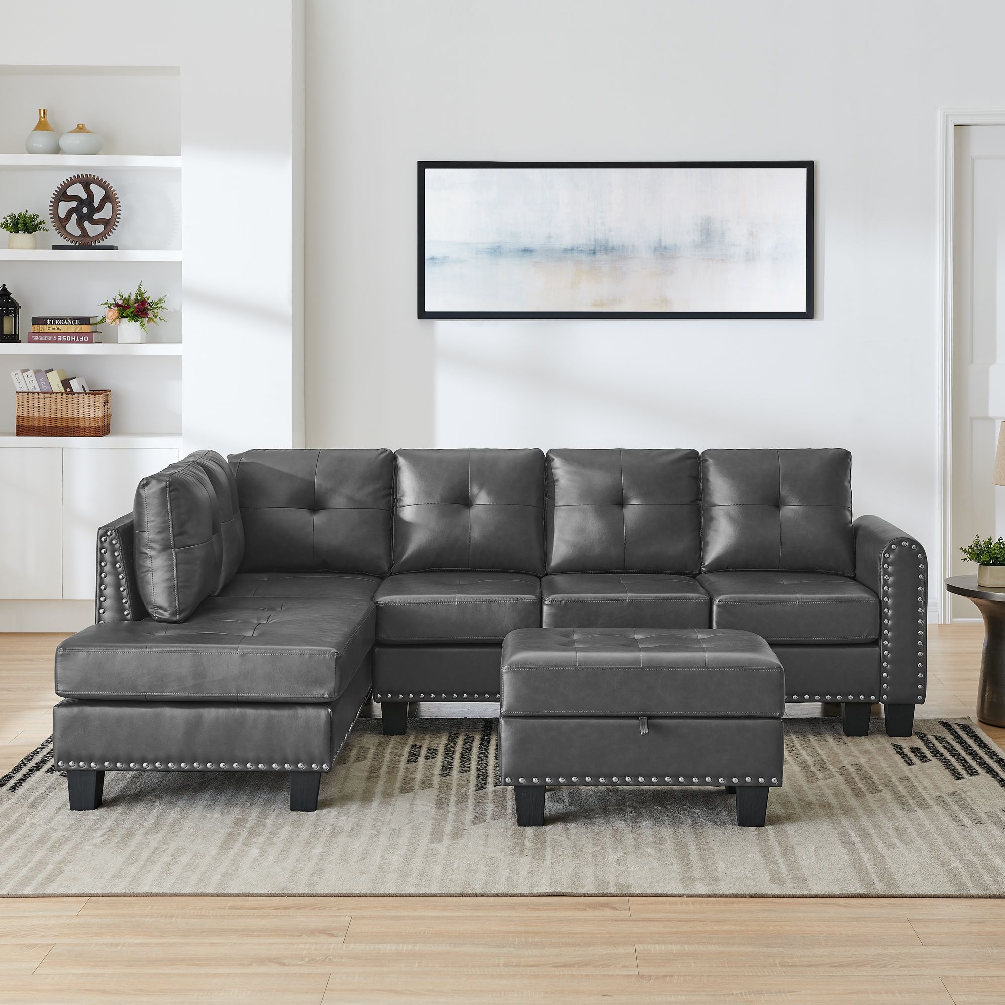 99.25" L Shaped Sofa with Ottoman Modern Sectional Sofa with Chaise PU Modular L Couch Sofa for Living Room, Bedroom, Office