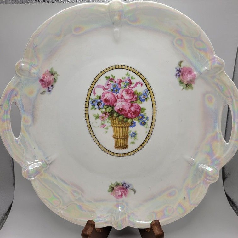 Vintage Plate Florals Germany Scalloped Opalescent Plate Cut Out Handles 9.5"