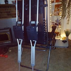 Light Weight Aluminum Crutches. Adjustable. In Very Good Shape.  Arm And Hand  Cushions Storage Bags Also.  Very Strong
