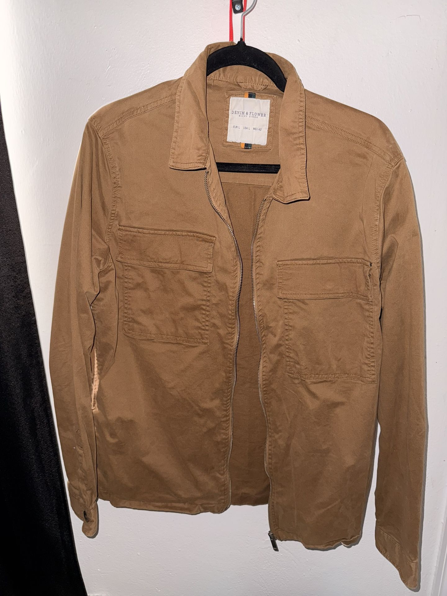 Denim Flowers Men's Jacket Size L Brown Zip-up Long Sleeve