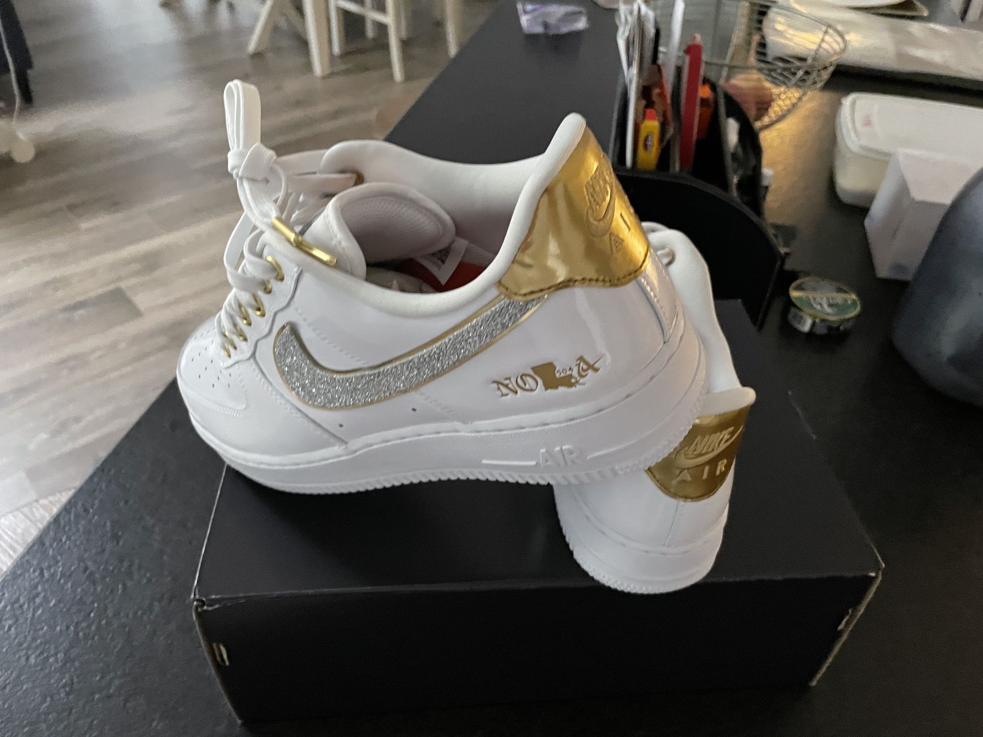 Nike Air Force One ( Nola) Size 10 Mens ,11.5 Woman’s (white Patten Leather Uppers With Gold Accents