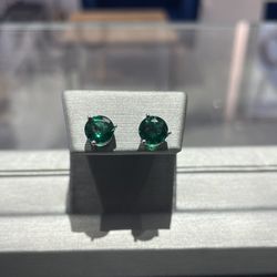 14k White Gold Stud Earrings with 2.21 CT Round Emeralds