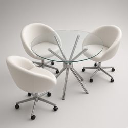 Glass Table + 3 White Rolling Chairs. Rug included