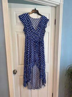 Blue Polka Dot Wrap Midi Dress