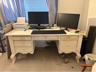 Large Solid Wood Executive Desk – Distressed White Farmhouse Style – 68”