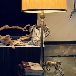 Rare Vintage Very Heavy Round Glass Table MCM Stifel Floor Lamp w/ Hexagonal Brass Base