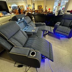 3pcs Blue Gray Reclining Living Room Set W/LED Light