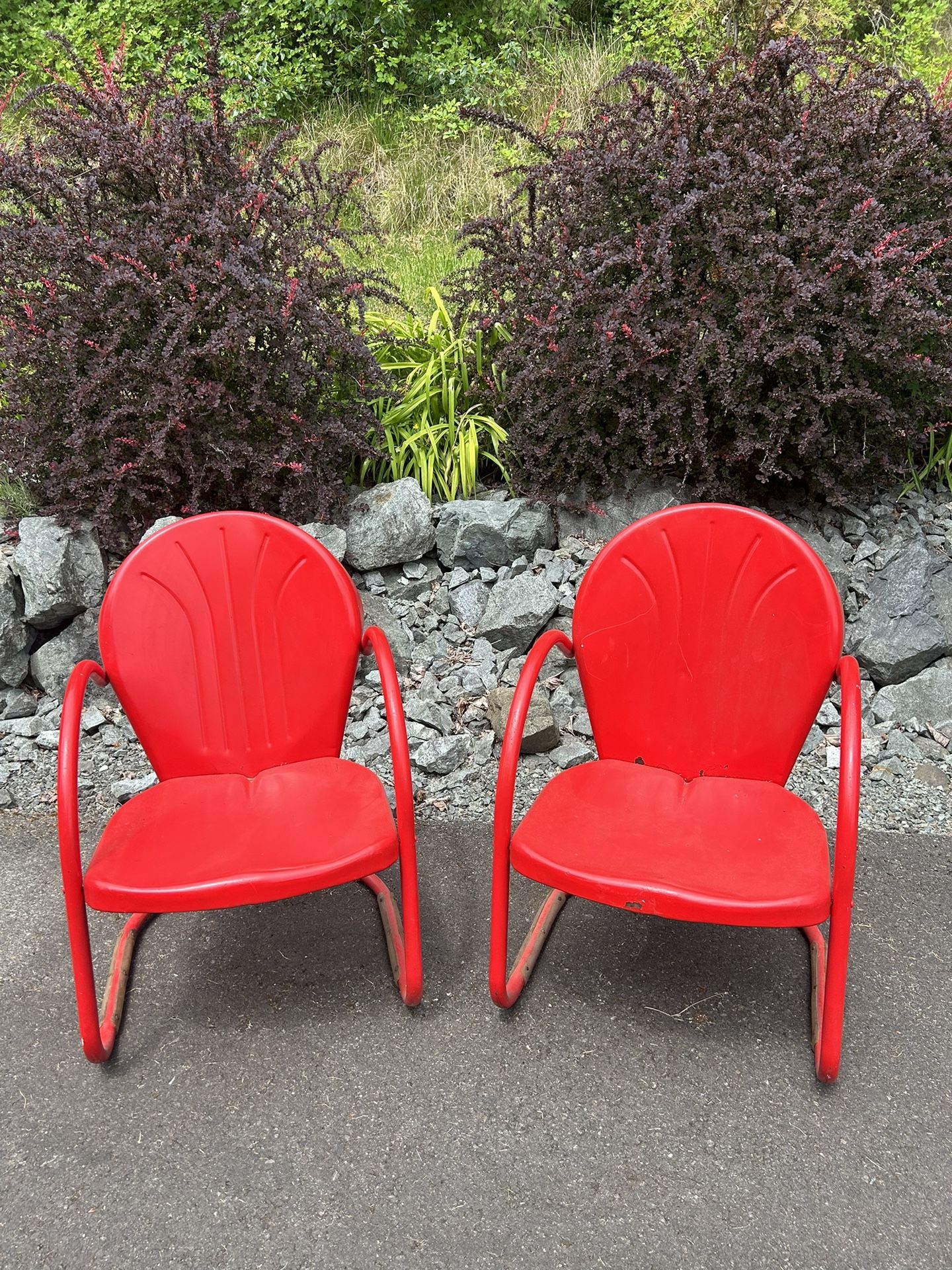Vintage Red Metal Patio Chevron Chairs