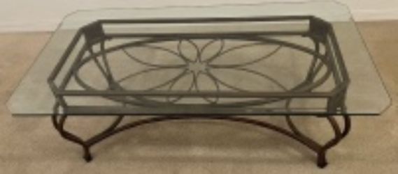 Living Room Glass approx 1/4" thick & Metal Table 17 And Three-Quarter Inches High Glasses 52" Wide By 28" With Matching End Table 23 1/4" tall, glass