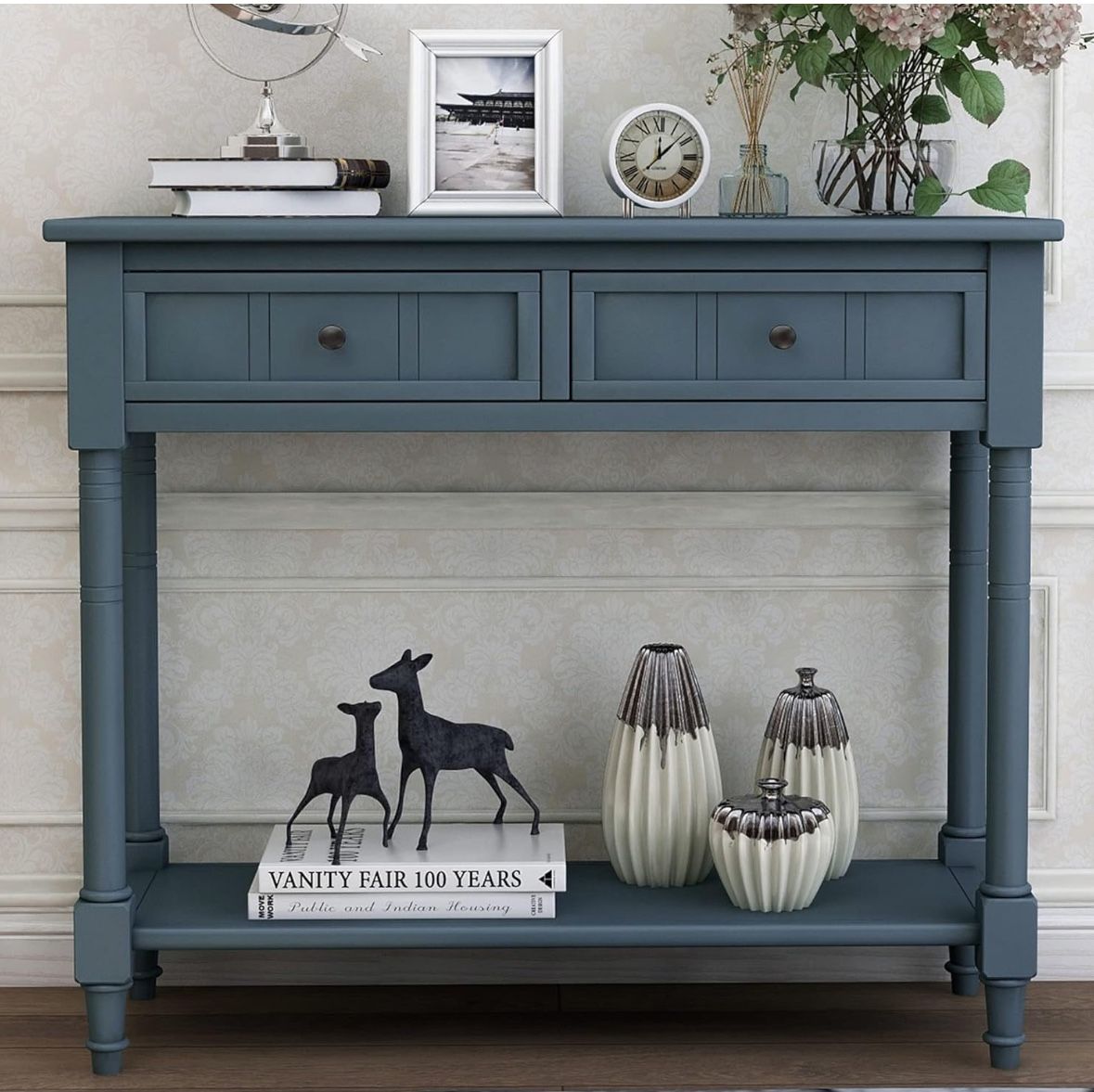 Merax Wood Sofa Table Console Table,Entryway Table Traditional Design with Two Drawers and Bottom Shelf for Living Room,Hallway,Dining Room,Navy