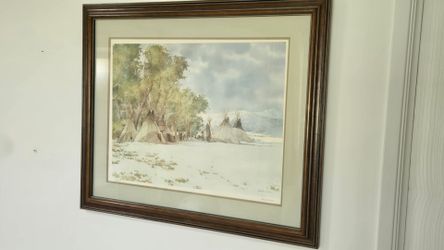 Lithograph, Native American western life "Winter Camp"