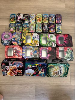 Incredible! Lot of 28 Tins! Pokemon Card Storage Box Containers Mewtwo Mega Evolution Lucario Ex Y X