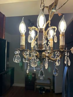 Vintage Brass and Crystal 5-Light Chandelier