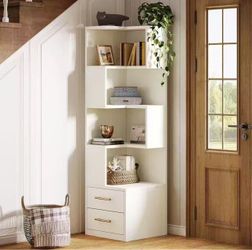 NY255 new in box 66.9" L-Shaped Bookshelf, Corner Bookcase With 5-Tier Shelf And 2 Drawers