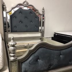 Brand New Queen / King / California King Bed Frame With Fabric Headboard & Mirror Accents