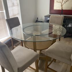 Modern Glass Dining Table Set – 48” Round Glass Top + 4 Chairs – Counter Height