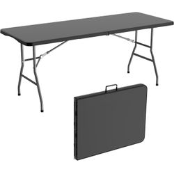 6Ft Folding Table for Indoor Outdoor, Fold-in-Half Portable Plastic Dining Table with Carrying Handle for Picnic Party Camping, Black