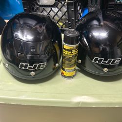  2 HJC Black Helmets   With A Full Can Helmet Cleaner And Deodorant 