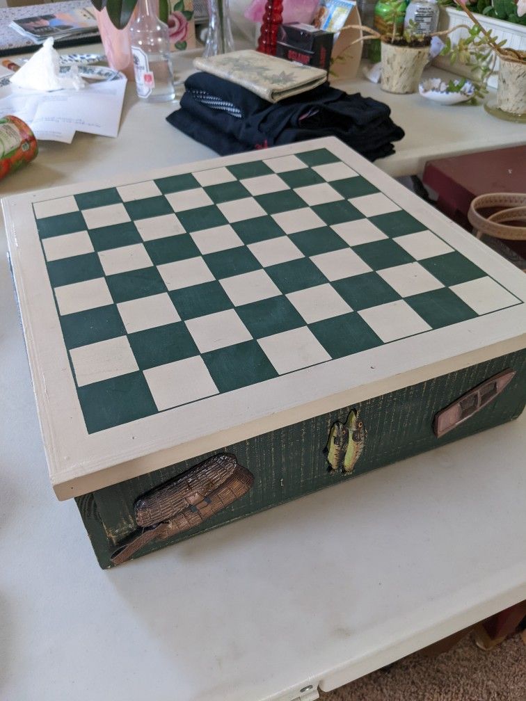 Wooden Board Box with Checkers and Chess