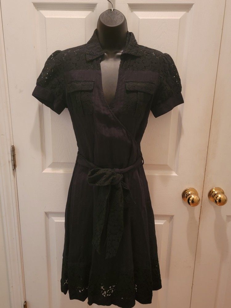 BCBGirls Women's Knee-Length Black Lace Faux Wrap Dress, Size XS, Short Sleeve