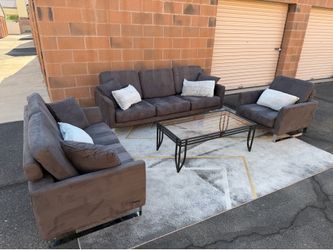 Charcoal Gray 3 piece couch set + glass table