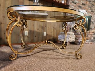 Vintage Gold Wrought Iron Glass Top Coffee table  Hollywood Regency