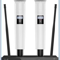 UHF Dual Channel Wireless Microphone System, Handheld Mics For Stage, Karaoke, Weddings, DJ, And Events (White)