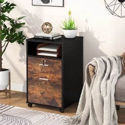 SALE! New Rustic Brown Black 2-Drawer File Cabinet Mobile Printer Stand with Lock