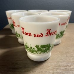 Vintage Hazel Atlas Tom and Jerry Milk Glass Mugs Set of 6