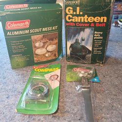 New Open Box Coleman Scout Mess Kit/compass/Canteen & Utensils bundle

The New Open Box Coleman Scout Mess Kit/canteen/compass/utensils includes a cus