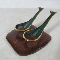 Vintage Mid Century Pipe Stand Dual Holder Solid Brass & Wood
