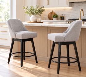 Set of 2 Upholstered Fabric Gray Swivel Counter Stools